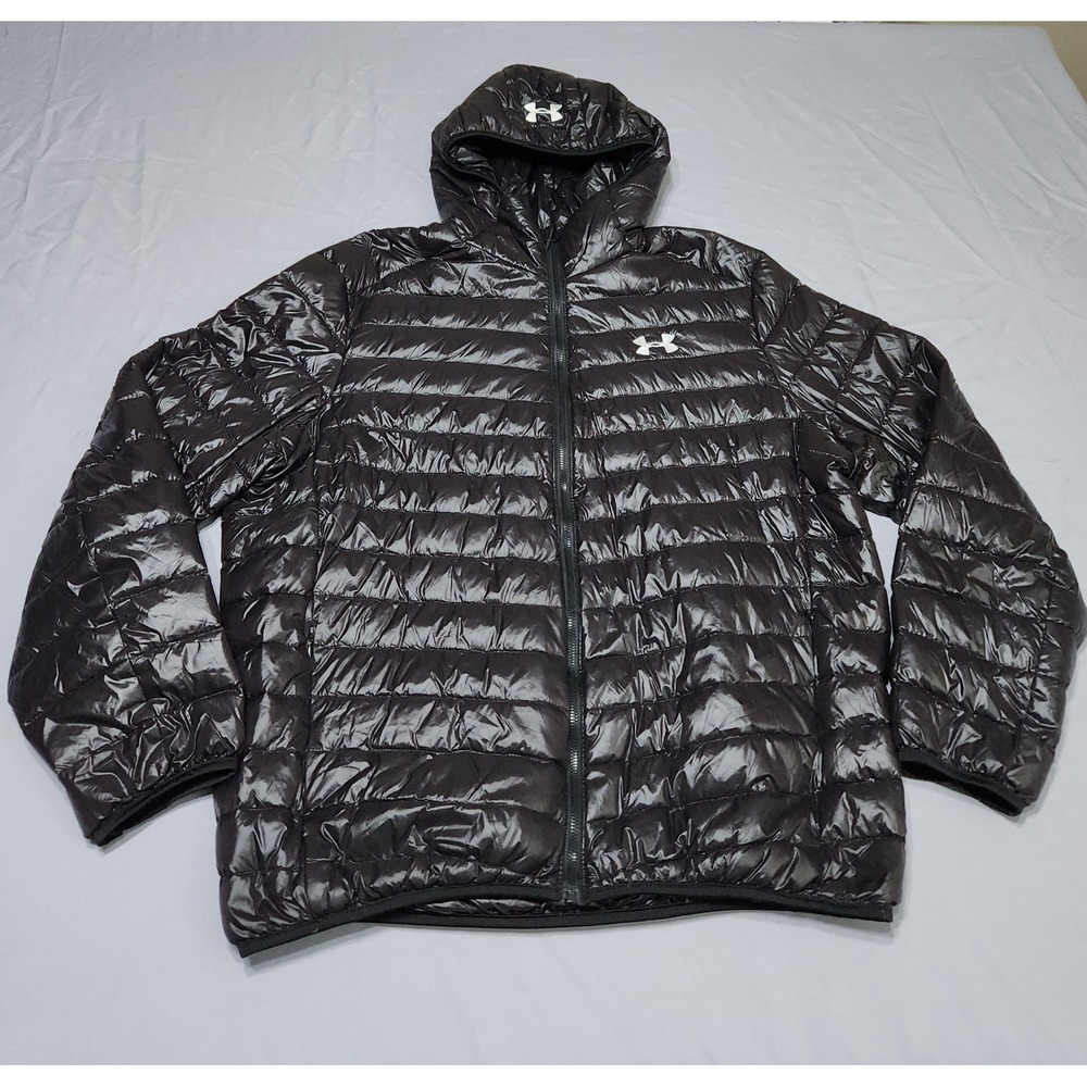 Under Armour Mens Puffer Jacket Black Hooded Quilted Glossy Full Zip Coat 4XL